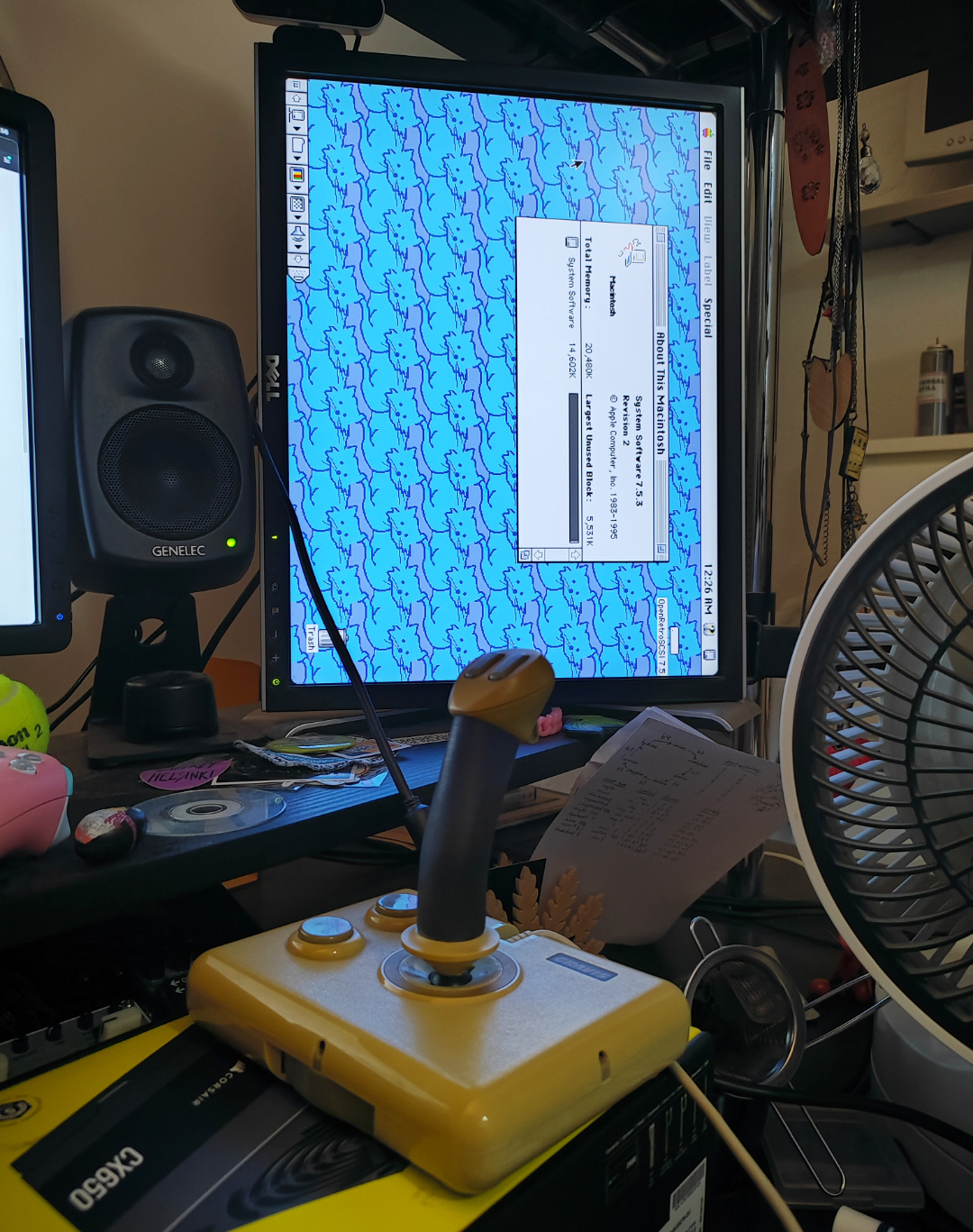 MouseStick II plugged into the IIci, with the 2007FP display now showing the blue and purple cat pattern