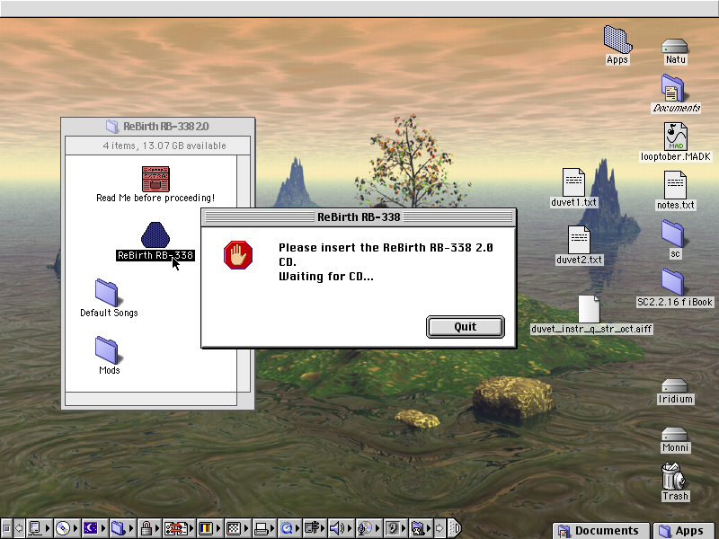 screenshot of ReBirth RB-338 askin for the CD to be inserted